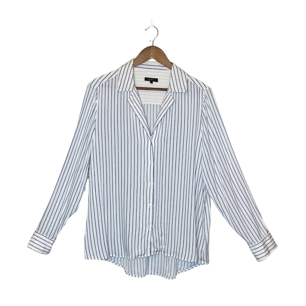 Quince Womens Washable Stretch Silk Notch Collar Blouse XL Blue Striped Preppy